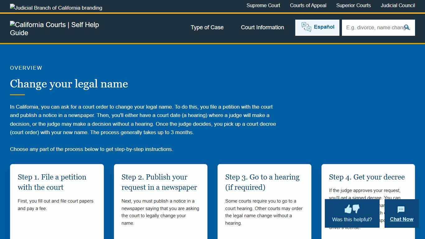 Adult name change California Courts Self Help Guide